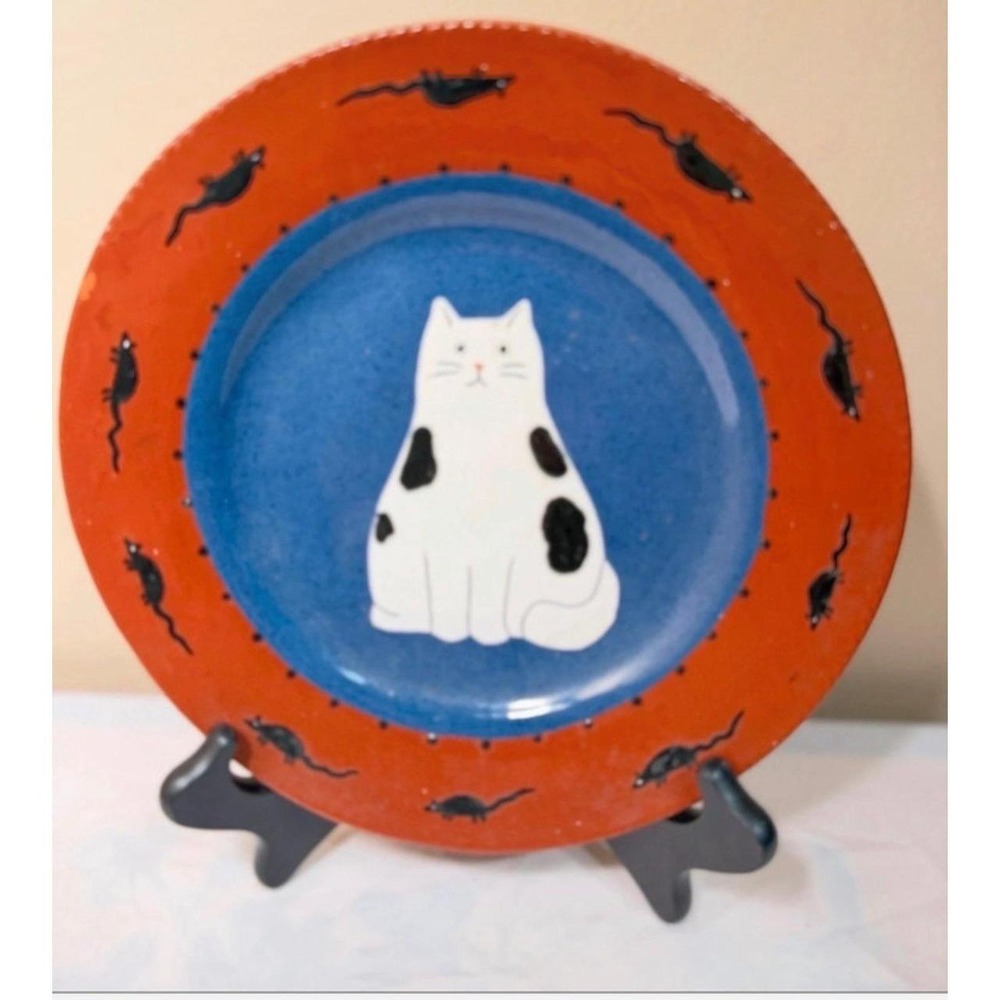 VTG Cat & Mouse Halloween Ceramic Plate Folk Art Decor Orange Whimsical